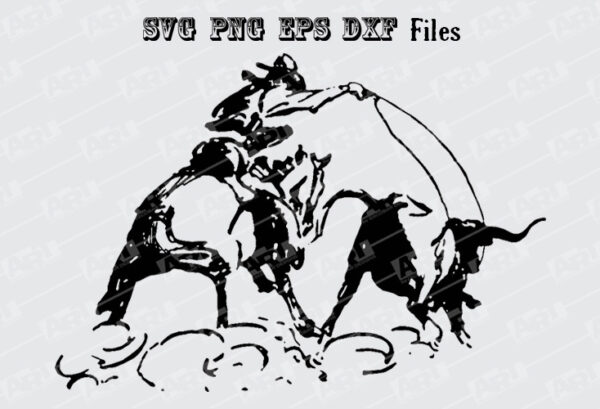 Roping Cattle SVG, Lassoing Cattle PNG, Western Cowboy SVG, Roping Longhorn PNG / Clip Art Bundle - Image 3