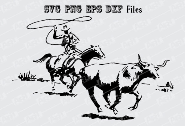 Roping Cattle SVG, Lassoing Cattle PNG, Western Cowboy SVG, Roping Longhorn PNG / Clip Art Bundle - Image 2