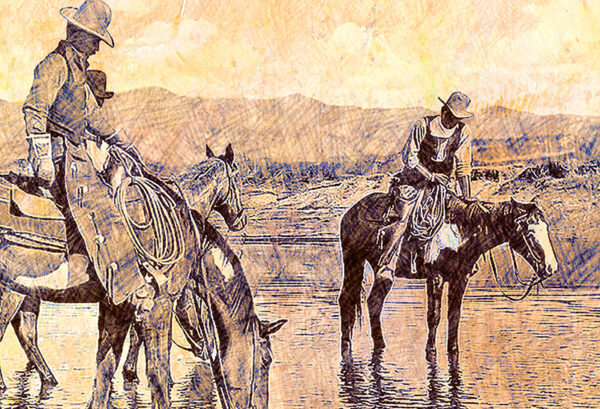 Three Cowboys Watering Their Horses - Image 3